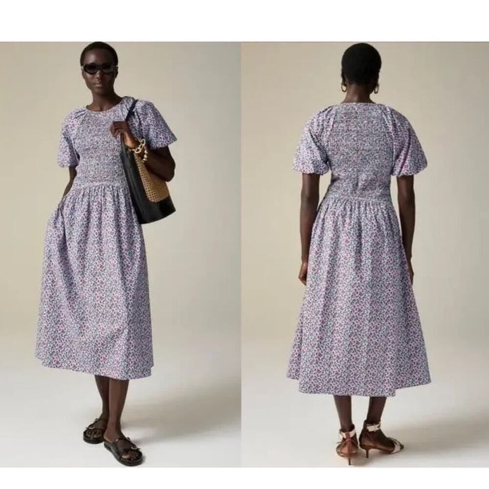 J.Crew Womens Small Meadow Dress Poppy Cotton Poplin Midi Floral Puff Sleeve